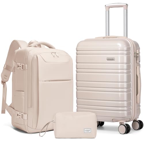 LARVENDER Carry on Luggage 22x14x9 Airline Approved Hardshell Suitcase with Wheels TSA Lock PC+ABS Lightweight Suitcase Set for Women with Travel Backpack Glossy Champagne