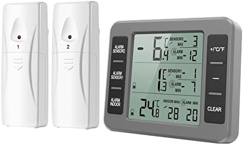 ORIA Refrigerator Thermometer, (New Version) Wireless Digital Freezer Thermometer, Fridge Thermometer, Wireless Indoor Outdoor Thermometer for Freezer, Refrigerator, Cooler, Grey, 2 Sensors