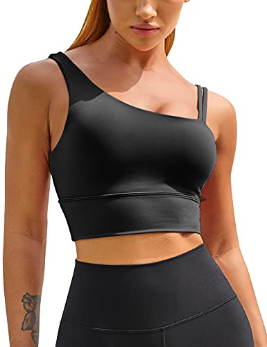 MELYUM Womens One Shoulder Sports Bra Longline Padded Workout Crop Tank Tops Fitness Yoga Asymmetrical Top Black