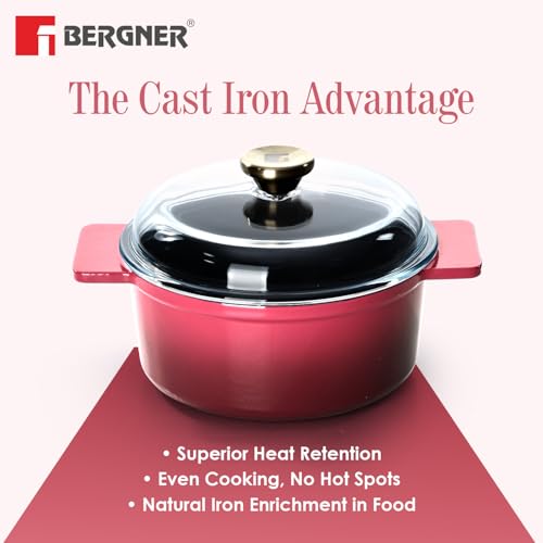 Image of Bergner Excalibur Lightweight Cast Iron Dutch Oven /Biryani Pot /Casserole with Glass Lid, 26cm /5L, Non-Stick Coating, PFAS Free, Elegant Design, Silicone Grips, Induction and Gas Stove Ready (Pink)