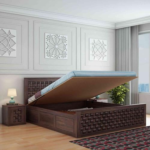 Image of WOODLAB Furniture Solid Sheesham Wood Niwar King Size Bed with Hydraulic Storage Wooden Double Bed Furniture Palang for Bedroom Living Room Home (Walnut Finish)