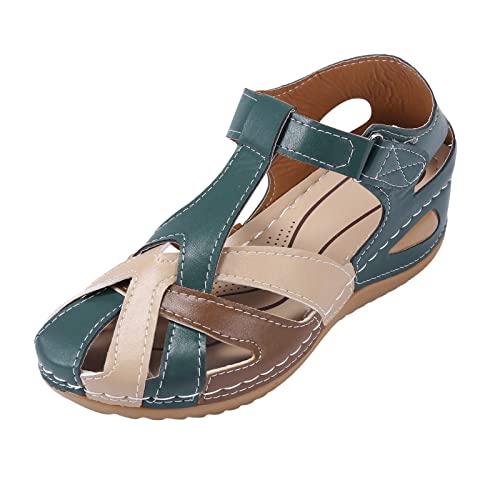 PU Leather Women's Closed Toe Orthopedic Vintage Anti-Slip Cross Belt Wedge Rome Sandals with Ankle...