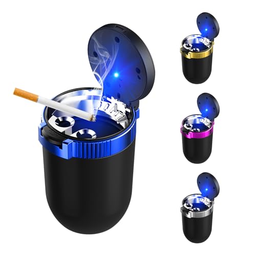 Ohleats Car Ashtray with Lid, Detachable Stainless Steel Ash Tray with LED Blue Light, Portable Mini Vehicle Cup Holder Trash Can Smell Proof Ashtray Cup, Universal Car Accessories (Blue)