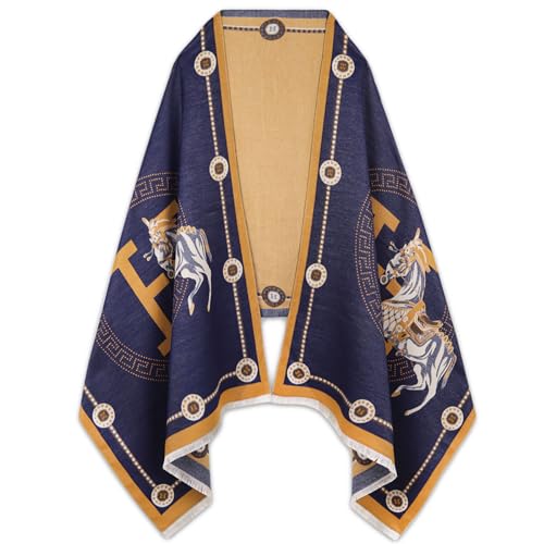 EXTREE Scarfs for Women Pashmina Silky Shawl Wrap for Evening Dressing Blanket Open Front Poncho Cape Blue Round Carriage