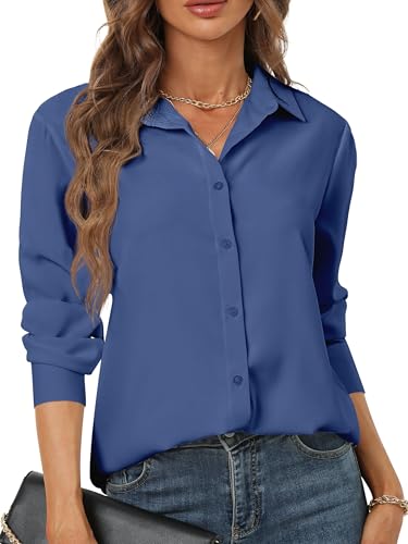 hearain Womens Button Down Shirts Long Sleeve Chiffon Blouse Basic Classic Collared Soft Shirt Classic Blue Size M