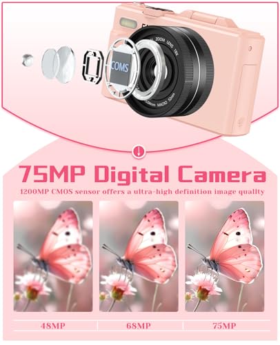 LONGYI Digitalkamera 5K 75MP Kamera Fotokamera und Vlogging mit WiFi, 64GB Karte, 18X Zoom, 180° Selfie Digital Camera Kompaktkamera Fotoapparat für Reisen, YouTube, Anfänger und Erwachsene (Rosa)
