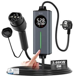 GONEO Chargeur Voiture Électrique Type 2 Portable,Température surveillance,Terre & CA 30mA+CC 6mA Détection.16a monophasé Schuko 3,68kW,Borne Domestique Cable Recharge 5M avec Courant & temps réglable