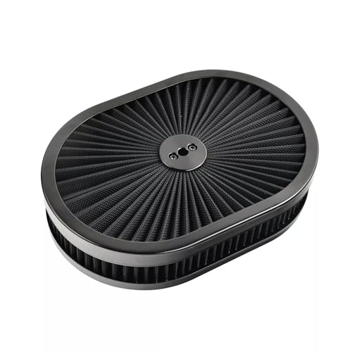 BestParts 12'x 2' Black Oval Air Cleaner Washable Filter Assembly 5-1/8' Carb Neck w/Flow-Thru Lid High-Flow Chrome Compatible With GMC Chevy Ford Chryler Dodge Hot Rod Customs