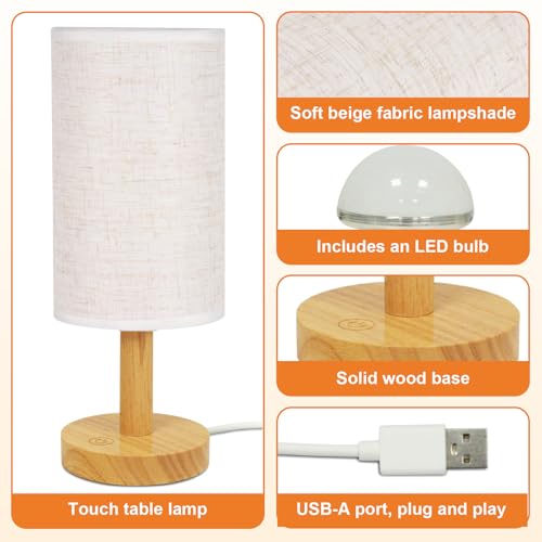 Image of Small Touch Table Lamps Set of 2 with Stepless Dimming&USB Plug, Natural Round Wood Base & Linen Fabric Shade |Soft Ambient Night Light |Minimalist Boho Bedside Lamp for Bedroom,Nursery,Kitchen,Dorm