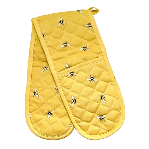 BlissLo Cotton Double Oven Gloves Heat Resistant, Machine Washable Oven Gloves Double Protects Hands, Attached Oven Mitts Durable, Heat Proof Pot Holders for Kitchen with Hanging Loop - Yellow Flower