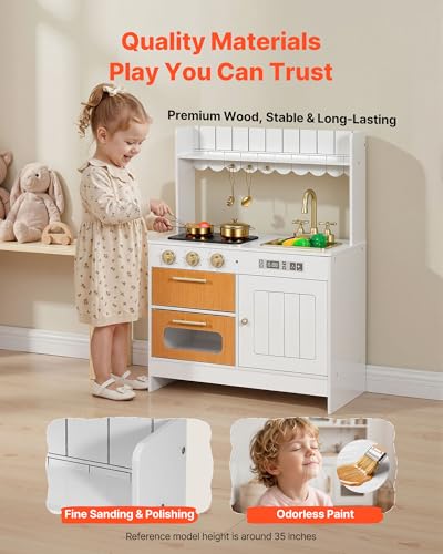 Image of VEVOR Play Kitchen for Kids, Wooden Kids Kitchen Playset with Real Lights & Sounds, Food & Cookware Accessories, Pretend Play Toy Set, Sink, Oven, Stove, Cabinet, for Toddlers, Girls & Boys Ages 3-8