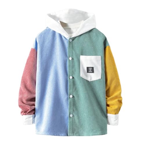 Boys Jacket Kids Button Hooded Casual Coats Long Sleeve Hoodie Jackets Color Blocking Splicing Outerwear for 8-12 Years