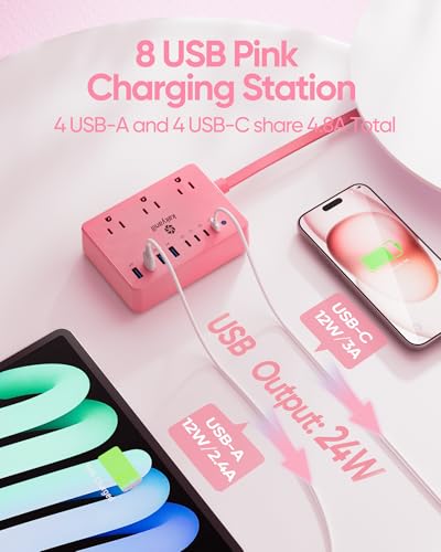 Image of Kakyanill Pink Power Strip, 6 AC Outlets 8 USB Ports(4 USB C) with 2000J Surge Protector, 5ft Flat Plug Pink Extension Cord, Compact for Desk Home, Office, Dorm
