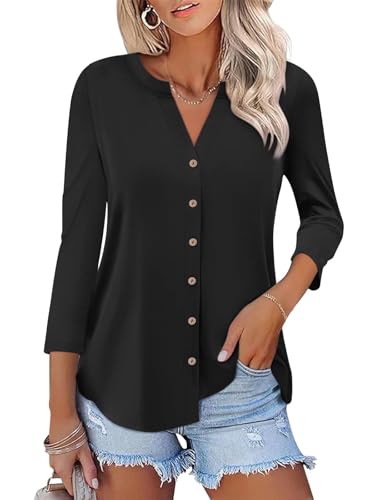 ORANDESIGNE Women's Button Down T Shirts 3/4 Sleeve V Neck Tops Casual Summer Ladies Tees