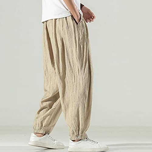 Men's Linen Casual Classic Fit Short Men's Loose Linen Straight Cotton Bloomers Summer Casual Pants Men's Breathable Khaki #TOP3