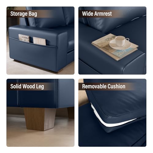 Image of Valthie Faux Leather Couch, Mid Century Modern Comfy Loveseat Sofa with Wide Arm, Side Pockets, Solid Wooden Frame for Office, Living Room and Bedroom, 3 Seater (Blue, 88.58 inches)