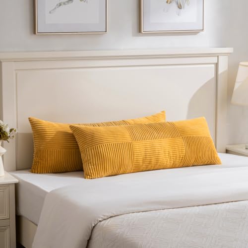 Image of Fancy Homi Set of 2 Gold Yellow Boho Long Lumbar Body Decorative Throw Pillow Cover 14x36 Inch for Bed Couch Bedroom Bench, Soft Patchwork Corduroy Textured Pillow Case, Rustic Farmhouse Room Decor