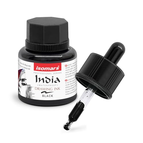 Image of Isomars Waterproof Drawing Ink with Dropper - 35ml | Black India Ink for Calligraphy, Art, Technical Drawing | Fade-Resistant & Quick-Drying (Black)