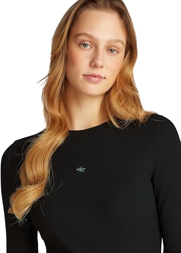 Calvin Klein Women’S Woven Label Short Ribbed Dress With Long Sleeves, Black (Ck Black), L - 4