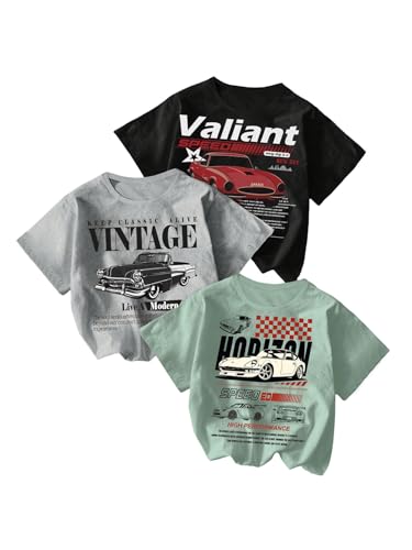 Toddler Boy's 3 Packs Car Graphic Tees Short Sleeve Crew Neck Summer T Shirt Casual Cute Tops