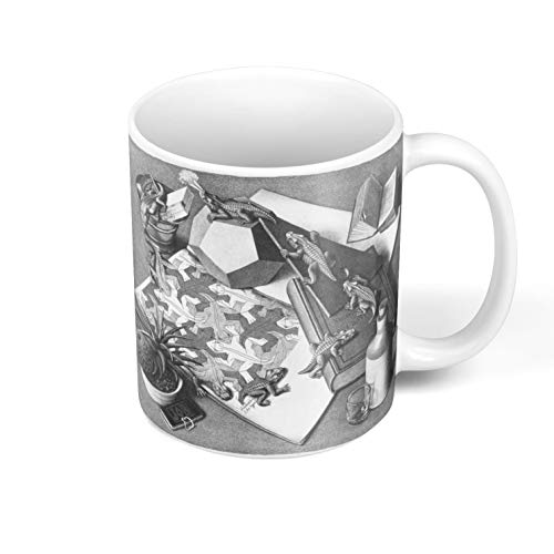 Capacità: 325 ml Tazza da caffè in ceramica 325 ml rettili monocromatico disegno Escher Litografia illusione ottica