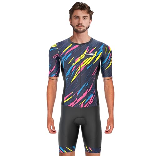 Sikma Traje de triatlón de malla transpirable para hombre, de media manga, acolchado, con reflejo de alta visibilidad, un bolsillo trasero y banda de potencia para las piernas, multicolor, XXL