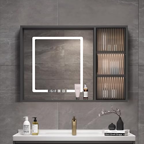 GAONUDAN Botiquín Inteligente de Madera con Luces LED, Espejo de baño LED con Almacenamiento Luz de Tres Colores, Organizador de botiquín montado en la Pared con antivaho, Pantalla de Tiempo y Temper