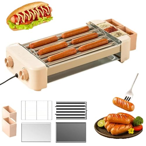 Electric Hot Dog Roller Machine, Non-Stick Stainless Steel Countertop Grill, Adjustable Temperature 120-250°C, 6 Rollers, Perfect for Breakfast Sausages and Rolls