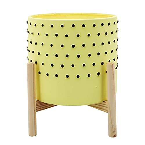 Ceramic Planter with Wooden Stand – Indoor or Outdoor Plant Stand for Living Room or Patio – Dotted Contemporary Design for Home Decor – Planter for Stylish Spaces – 10', Yellow & Black