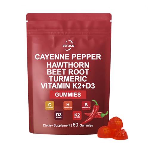 Cayenne Pepper Capsules Substitute 1000MG - Fat Management Gummies with Hawthorn Beet Root Turmeric Vitamin K2+D3 - Capsicum Frutescens Powder for Blood Pressure- 60 Vegan Gummies