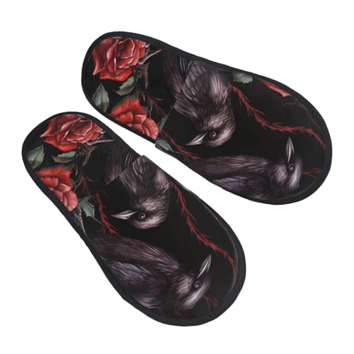 Halloween Red Rose Slippers for Women, Black Crow House Slippers Non-slip Indoor Bedroom Slippers Warm Cozy Memory Foam Home Shoes