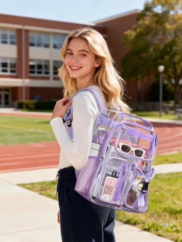 Image of Double-Layer Clear Backpack Heavy Duty, 17 Inch Large Clear Bookbag, Transparent See Through Backpack For School, Work, College, Travel, Sport- Light Purple