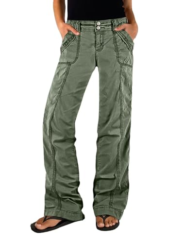 Flamingals Straight Leg Pants for Women Mid Rise Baggy Cargo Dual Button Patch Pocket Casual Pants