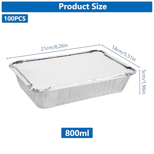 LOPYXBR 100 Stück Aluschalen mit Deckel 800ml, Aluschalen Grill Klein, 21x14x5 cm Alu Grillschalen, Grillschalen Aluminium Einweg für Backen, Braten, Kochen, Grillen, Aufbewahren von Lebensmitteln