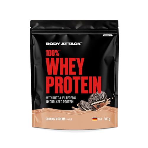 Body Attack 100% Whey Protein - Cookies N Cream - 900g - Made in Germany - Extra cremiges Eiweißpulver mit Hydrolysat & BCAA´s, unterstützt Muskelaufbau und Diäten - Für Sportler & Athleten