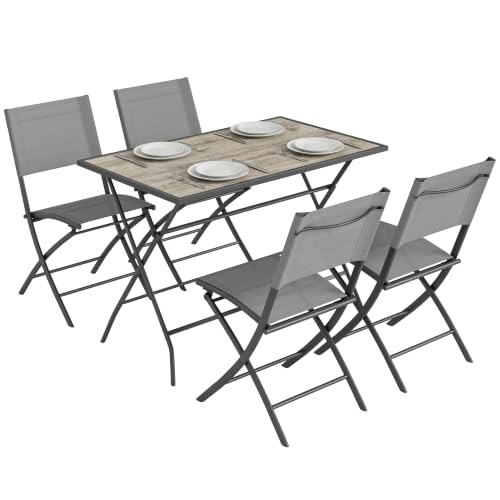 Outsunny Conjunto de Mesa y Sillas Jardín de 5 Piezas Exterior Terraza Gris | Muebles de Jardín Exterior, 4 Sillas Plegables, Mesa Plegable