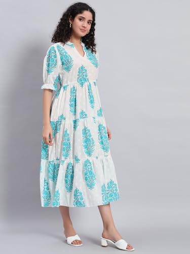 Image of PIDAVLIYA'S Women's Floral Summer Maxi Dress I Cotton Printed I One Piece Bodycon Midi Dress with V-Neck, Puffed Sleeves