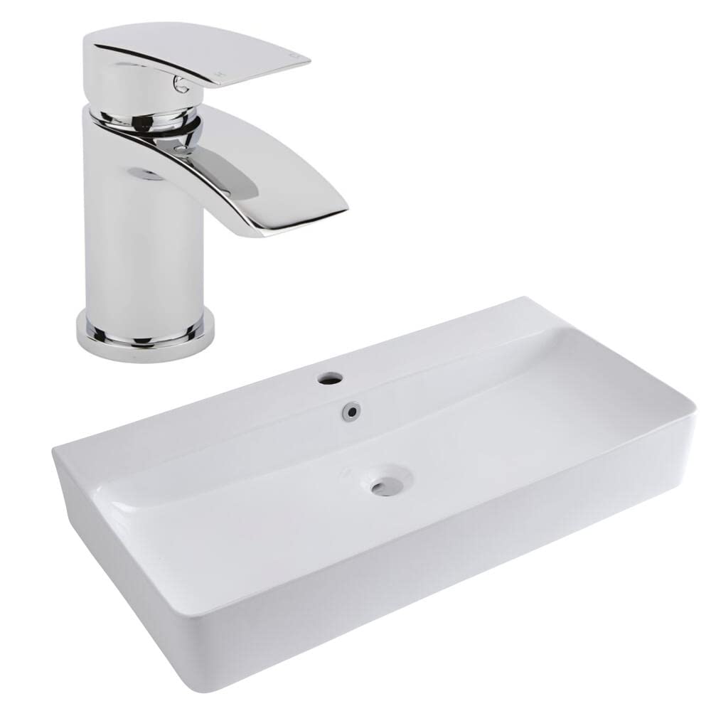 Milano White Farington Rectangular Countertop Bathroom Basin Sink Mono Mixer Tap - 810Mm X 415Mm