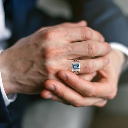 10K 14K 18K Gold 4 Carat Mens Gemstone Engagement Rings Emerald Cut Gemstone Rings for Men Large Promise Ring with 0.15cttw Side Moissanite Size 4-134