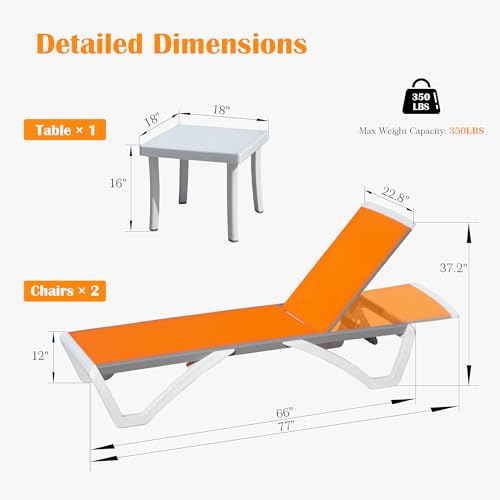 Image of Domi Outdoor Lounge Chair Set of 3, Aluminum Patio Chaise Lounge with 5 Position Adjustable Backrest and Wheels, All Weather Reclining Chair for Patio, Yard, Balcony, Poolside (Orange)