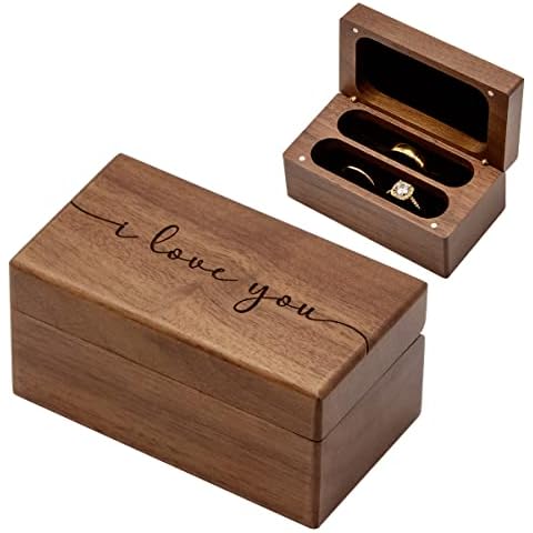 MUUJEE Quad Wooden Ring Box for Wedding Ceremony - Engraved Ring Holder Box for Engagement Proposal Anniversary and Valentines Day Gift for Him or Her (I Love You) Cover