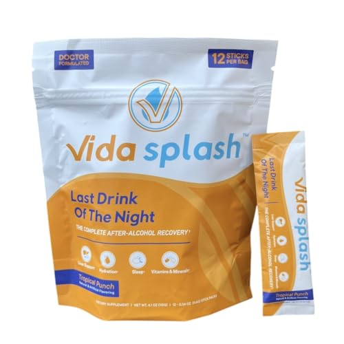 Vida Splash – The Complete After-Alcohol Recovery - Hydration, Liver Support, Sleep, and Vitamins & Minerals - 12 Single-Serving Sticks - Tropical Punch Flavored Drink Mix – Targeting All 4 Key Areas