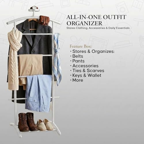 Image of Kings Brand Freestanding Metal Suit Valet Stand with Tie Bar, White | Complete Clothing Organizer with Hanger, Trouser Bar & Shelf Keeps Jackets, Pants, Ties, Belts & Accessories Organized