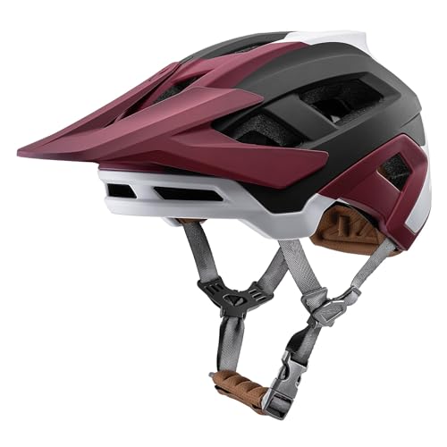 Fahrradhelm Mountainbike Helm MTB Helme Visier Verstellbar für Herren Damen Erwachsene Jugend (Karmesinrotes Weiß, L)