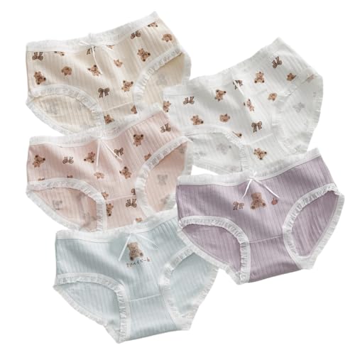 Cute Bear Ruffled Panties for Teen Girls Women Cotton Briefs Lace Frilly Trim Mid Rise 5 Pairs Anime Underwear