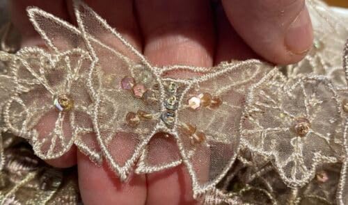 Champagne Embroidered Flowers Trim Butterflies Hand Sewn 1.5" Sequins Beads Champagne 1yd Fabric