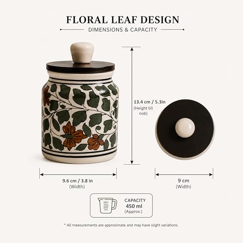Image of Ceramic Kitchen Jars for Storage | Air Tight Containers with Wooden Lids | Masala, Salt, Pickle, Dry Fruits & Multi Utility Items Organiser Set (Hand-Painted, Green Leaf, 450 ML, Pack of 2)