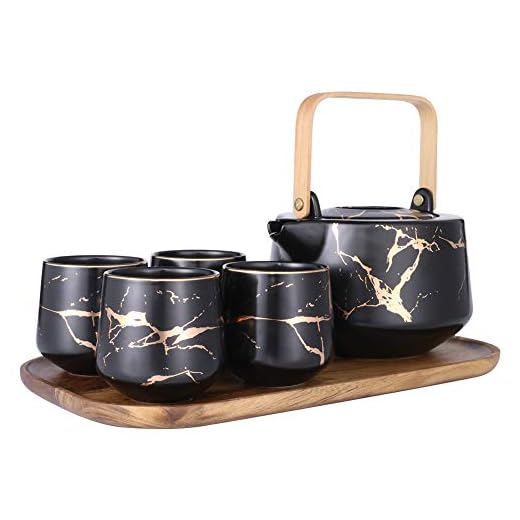 Sunddo Black Marble Tea Service Set Ceramic Large Tea Pot (40 OZ), 4-Piece Tea Cups (6.7 OZ) with Wooden Tray - Modern Teapot, Tea Cups Set for Home and Office