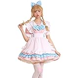 Women Cute Anime Cosplay Maid Dress Lolita French Apron Fancy Dress Costume Uniform Plus Size Maid Outfit with Headdress Set Pink