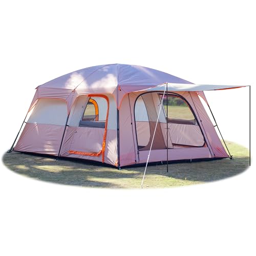 KTT Extra Large Tent 12 Person,Family Cabin Tents,2 Rooms,3 Doors and 3 Windows with Mesh,Straight Wall,Waterproof,Double Layer,Big Tent for Outdoor,Picnic,Camping,Family Gathering(Light Brown)